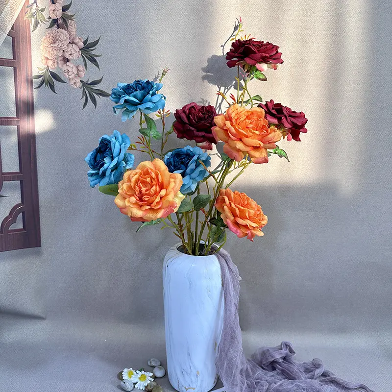 New mô phỏng 3 đầu người anh Rose Flower Home DIY sắp xếp trang trí đồ trang trí tráng vải lụa wholesa