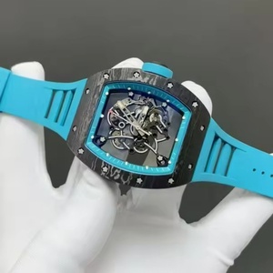 Blue and <b>Black</b> Color-blocked Skeletonized Tonneau-shaped <b>Watch</b> with Carbon Fiber case and Blue Strap - Men's Wristwatch - Product Image 5