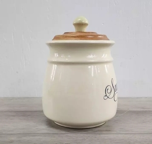 Pot à sucre en céramique <span class=keywords><strong>beige</strong></span> vintage, boîte de rangement en porcelaine avec couvercle en bois - Product Image 3
