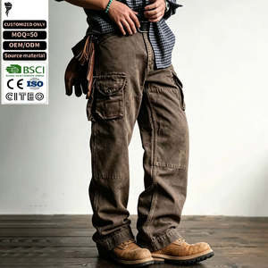 Top Selling Men's Canvas Breathable Vintage Brown Acid Wash Distressed Multi-Pocket <b>Wide</b> <b>Leg</b> Mid Waist Casual <b>Cargo</b> Pants - Product Image 1