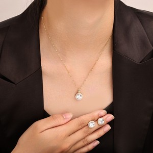 Conjunto de pendientes y collar de circonita brillante con engaste geométrico, para uso diario, aleación de cobre, joyería fina - Product Image 2