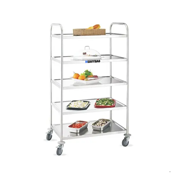 Heavybao 5-Tiers Thép Không Gỉ Ống Tròn Phục Vụ Xe Đẩy Giỏ Hàng Tự Chọn Sử Dụng Thiết Kế Hiện Đại Khách Sạn Xe Đẩy