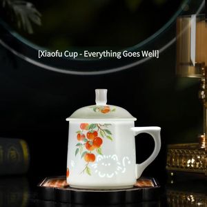 Taza de Cerámica Jingdezhen con Tapa - Diseño Pintado a Mano de Caqui y Gato, Taza Estética para Uso Personal y Regalo - Product Image 1