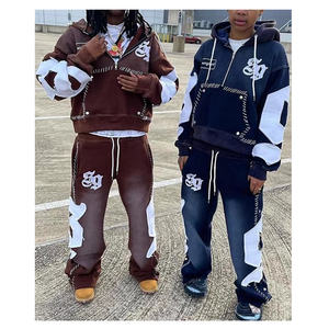 Custom Men Hoodies and Sweat Pants Set Acid Wash <strong>100</strong>% Cotton <strong>Tracksuit</strong> Distressed Embroidery Flared Sweatpants and Hoodie Set - Product Image 1