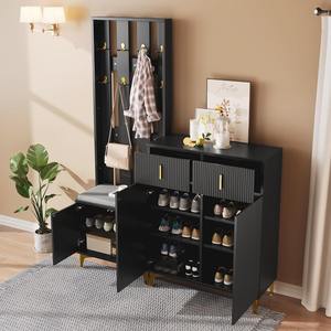 Conjunto <span class=keywords><strong>de</strong></span> Perchero <span class=keywords><strong>de</strong></span> Madera Contemporáneo para Entrada <span class=keywords><strong>de</strong></span> Hotel con 8 Ganchos, Banco Acolchado y Almacenamiento para Zapatos - Acabado Negro - Product Image 2