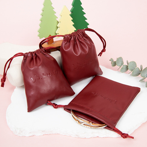 7x9 cm Personalised Simple Burgundy PU Leather <b>Drawstring</b> Jewelry Pouch <b>Makeup</b> <b>Bag</b> Cute Soft Coin Pouches - Product Image 3