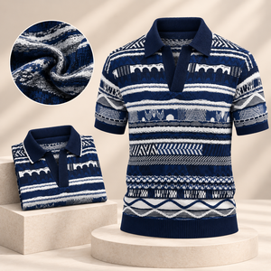 Suéter Polo de Punto Jacquard, Manga Corta, Cuello Abierto, Diseño Geométrico Retro para Hombre, Fabricante de Prendas de Punto Personalizadas - Product Image 2