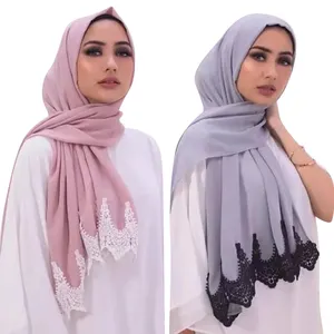 high quality fashion solid color shawl Muslim woman embroidery black lace edge cotton chiffon khimar hijab scarf