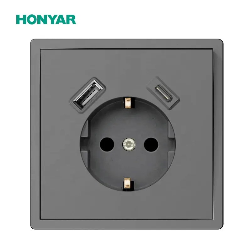 Honyar16Aヨーロッパ規格80mm * 80mmタイプCおよびUSBを備えたなめらかなフラットパネルコンセント
