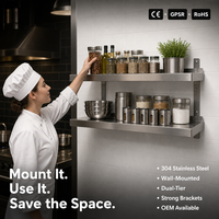 Équipement de cuisine commerciale robuste en acier inoxydable 304, étagère murale de stockage alimentaire, capacité de charge de 300 kg/m, poli