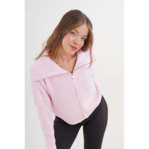 Cardigan rose en tricot à col zippé pour femme, style décontracté, tissu anti-boulochage - Product Image 6