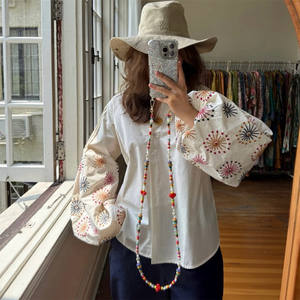 Women's White Retro Vintage ODM Half Placket Embroidered Blouse Loose Slouchy Conventional Sleeve <b>Romantic</b> Shirt - Product Image 4