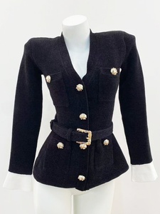 Cardigan <span class=keywords><strong>Elegante</strong></span> AIMEISI a Prezzo di Fabbrica, Scollo a V, <span class=keywords><strong>Nero</strong></span> in Velluto Lavorato a Maglia con Cintura e Bottoni con Strass per Donna - Product Image 3