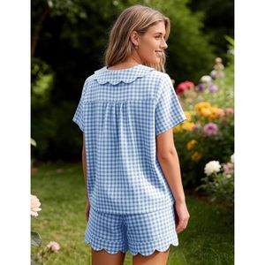 Conjunto de Pijama Casual para Mujer, Tejido Suave, Cuadros, 2 Piezas, Camisa de Manga Corta, Pantalones Cortos, Cuello Festoneado, Estilo Y2K - Product Image 6
