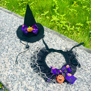 Ensemble bavoir et chapeau pour chat Halloween, motif color block violet et jaune, accessoires de déguisement pour animaux de compagnie, vente en gros - Product Image 3