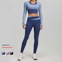 Nouvel ensemble de yoga color block effet deux pièces, tenue de fitness Pilates longue et moulante sans couture, vêtements de sport personnalisables avec logo pour femme