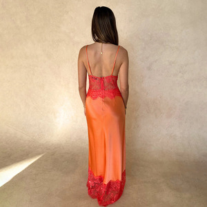 Elegant Deep V-Neck Lace Patchwork <b>Slip</b> Dress With Sheer Layer Backless <b>Long</b> Evening Dress For Casual Streetwear - Product Image 3