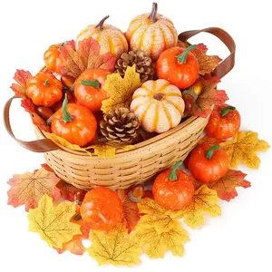 Artificial Pumpkins Set Thanksgiving Fake Artificial Gourds Maple Leaves Pine Cones Acorns For Thanksgiving Decor