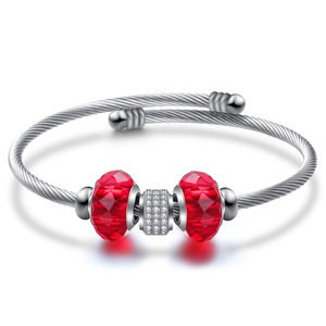Diamond <b>Bracelet</b> For Women 14Mm Stainless Steel Cable With Blue Crystal <b>Beads</b> And Diamond Encrusted Center <b>Charm</b> Everyday Wear - Product Image 4