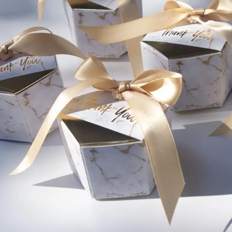 Logotipo personalizado Europa hexagonal mármore papelão papel doce caixa com fita festa casamento favores presente doces caixas embalagem