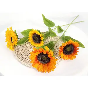 YIWAN Wholesale two big sunflowers Flocking Branches 2 heads flocked big sunflowers for Home Hotel Wedding Decoration