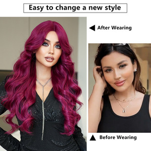 Perruque Lace Front pour <span class=keywords><strong>femme</strong></span>, <span class=keywords><strong>cheveux</strong></span> synthétiques longs et bouclés, ondulés, couleur fuchsia - Product Image 2