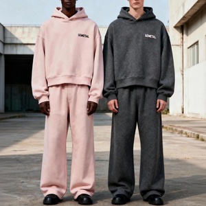 Ensemble de survêtement en coton épais et ample pour homme, avec pantalon à jambes larges et sweat à capuche, personnalisable, pour la vente en gros - Product Image 4