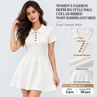 Robe Courte Tricotée Élégante Style Hepburn pour Femme, Col Polo, Manches Courtes Côtelées, Taille Cintrée, Vente en Gros OEM ODM