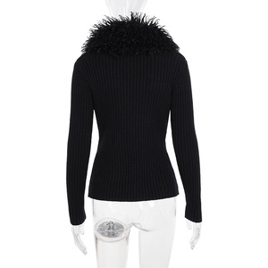 Suéteres de Punto Negros con <span class=keywords><strong>Cuello</strong></span> de Piel Sintética, Manga Larga y Cierre Frontal para Mujer, Suéteres de Punto Ajustados a la Moda - Product Image 4