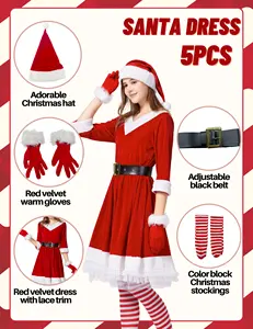 5PCS Women's Santa Dress Red Christmas Dress Suit Polyester Adult Xmas Clothing With Accessories