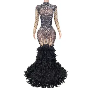 Elegant Mesh Ball Gown Crystal Feathers Prom Banquet Dress Lady Wedding Birthday Long Mermaid Dress Women Party Evening Dress