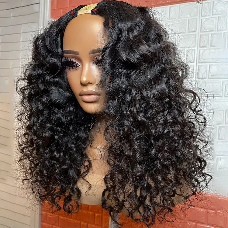 250 Density V Part Wigs Human Hair Curly,Glueless Brazilian Deep Water Wave Wig Remy Hair,100% Virgin U Part Wig Cuticle Aligned