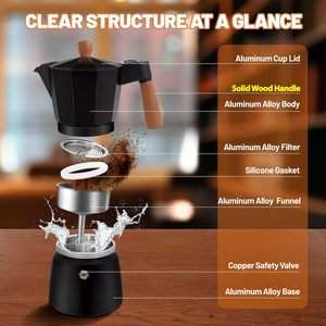 Cafetière Moka en aluminium 6 tasses 300 ml avec poignée en bois véritable - Product Image 3