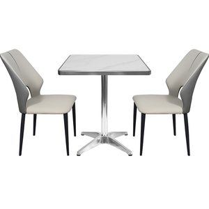 Tablero de Mesa Cuadrado de Piedra Sinterizada Blanca con Borde de Acero Inoxidable Cepillado y Base de Aluminio Pulido, Moderno y Resistente al Agua para <span class=keywords><strong>Restaurante</strong></span> - Product Image 1