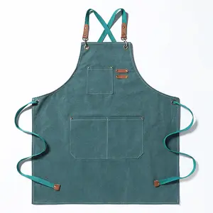 Heavy Duty Coffee Shop Chef Restaurant Men Leather Garden BBQ Grilling Denim Cotton Barber Canvas Work Aprons With Tool Pockets