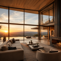 Porte coulissante moderne en chêne massif avec rupture de pont thermique, extérieur en aluminium, verre Low-E, pour maison passive, avec cadre en bois recouvert d'aluminium.