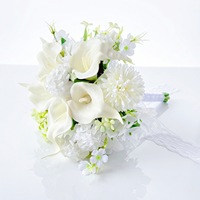 Buket Pernikahan Calla Lily Putih Bunga Pengantin Buatan Pita Renda Buket Hydrangea Palsu Dekorasi Pengiring Pengantin