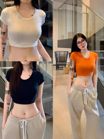 T-shirt d'été slim pour femme, crop top décontracté, nouveau col en U amincissant avec découpe sexy au niveau du nombril, imprimé tendance pour fille branchée, couleur unie