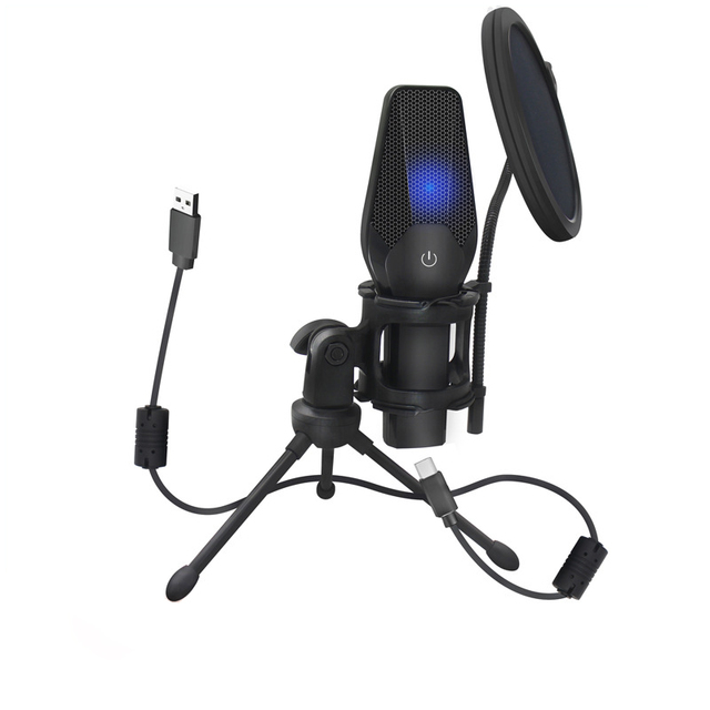 USB Gaming Mic Metal Studio Mic Desktop Microphone Recording Vlog Podcasting Video Condenser Microphone Kit Set with Stand