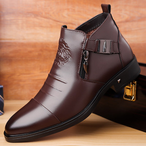 Bottes Chelsea pour hommes, mi-mollet, en cuir PU, fermeture éclair, décontractées, doublure intérieure chaude pour l'hiver, chaussures toutes saisons - Product Image 3