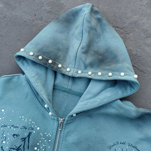 Huili Factory Oem Schwere Baumwolle Französisch Terry Hoodie Männer Benutzer definierte Stickerei Patched Strass Sun lashed Washed Vintage Hoodie - Product Image 2