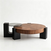 Ensemble de 2 tables basses, table principale en placage de noyer à chevrons, table d'appoint en verre fumé, mobilier de salon moderne extensible