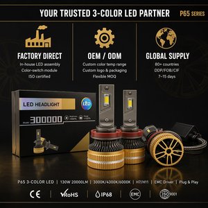 Lampadina <span class=keywords><strong>LED</strong></span> P65 H11 a 3 Colori 130W 20000LM Super Luminosa, Kit di Conversione Fari <span class=keywords><strong>LED</strong></span> H11 <span class=keywords><strong>H9</strong></span> H8 H7 H4 6000K 4300K 3000K - Product Image 5