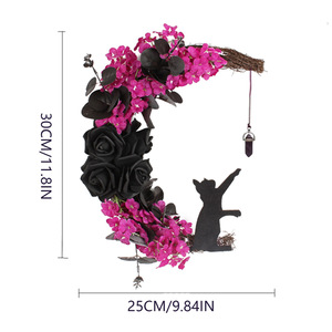 Corona de <span class=keywords><strong>Halloween</strong></span> con Gato <span class=keywords><strong>y</strong></span> Luna Creciente, Estilo Gótico Pastel, con Rosa, Decoración Espeluznante <span class=keywords><strong>y</strong></span> Gótica para Puerta Principal - Product Image 6