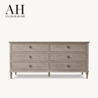 Commode élégante de style provincial français gris patiné à 6 tiroirs, pieds sculptés et tournés, poignées métalliques, pour chambre à coucher, maison, OEM personnalisé