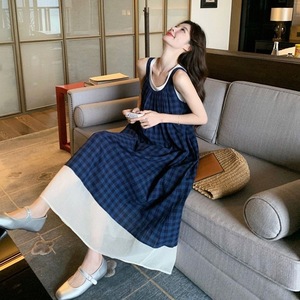 Blue Plaid Sleeveless Dress Women Elastic Waist Spaghetti Strap Contrast Color Leisure Casual Long Dress - Product Image 4
