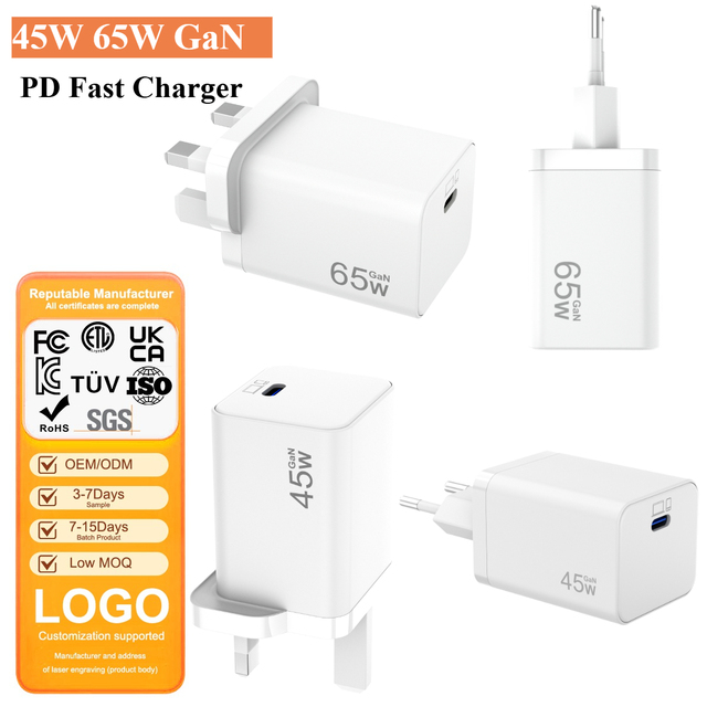 GaN 45W/65W PD Fast Charging USB-C Electric Wall Charger for Mobile Phones Smart Watches & Earphones with EU/UK/AU/US Plug