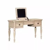Table de toilette vintage de style américain en chêne massif, finition blanc vieilli, avec chaise et miroir assortis
