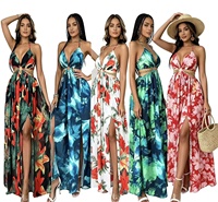 Europäische Damen Bodenlange Blumenkleider Schulterfreie Kleider Rückenöffnungen Seitenschlitze Französisch Bedruckt Waschbar Atmungsaktiv