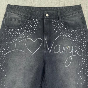 Pantalones cortos vaqueros desgastados con logotipo de diamantes de imitación de alta calidad personalizados para hombre Pantalones cortos vaqueros Vintage con diamantes de imitación - Product Image 3